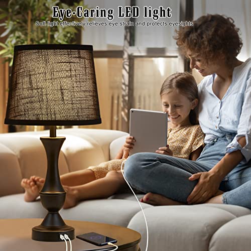 Black Touch Table Lamps Set of 2, 22" Tall Bedside Lamps with USB C+A Charging Ports, Nightstand Lamps for for Bedroom, Living Room, Office, with Black Lampshade, LED Bulb Included