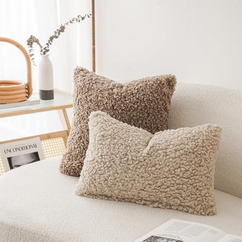 Foindtower Curly Boucle Faux Fur Lumbar Throw Pillow Covers 12x20 Oatmeal