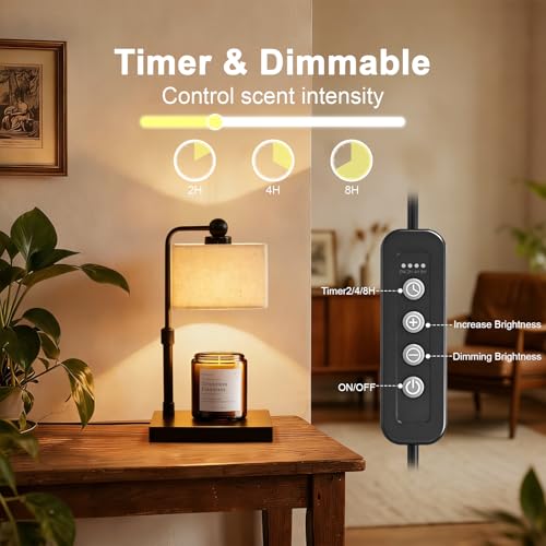 Candle Warmer Lamp with Timer, Dimmable, Adjustable Height, Modern Farmhouse Linen Shade, Black Candle Warming Lamp for Up to 6-Inch Jar Candles, 2 Bulbs Included