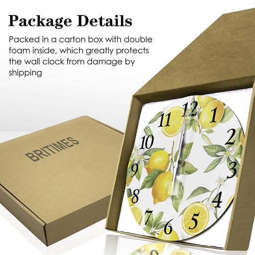 Britimes Round Wall Clock Silent Non-Ticking Battery Operated Clock 10 Inch, Summer Lemon Home Decor for Living Room, Kitchen, Bedroom, and Office