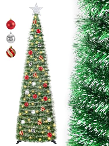 5 FT Pop Up Christmas Tree with Timer Lights and Decorations, Green Tinsel Artificial Christmas Tree with 24 Balls Ornaments, Collapsible Pencil Tree for Xmas Home Office Party Decor