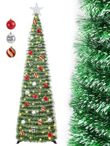 5 FT Pop Up Christmas Tree with Timer Lights and Decorations, Green Tinsel Artificial Christmas Tree with 24 Balls Ornaments, Collapsible Pencil Tree for Xmas Home Office Party Decor