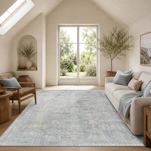 6x9 Area Rugs Washable Rug for Living Room Bedroom, Blue/Beige