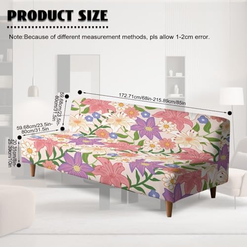 Armless Sofa Covers Elastic Futon Cover Non Slip Futon Sofa Slipcover with Elastic Bottom Stain-Resistant Pet Friendly Furniture Protector for Cats Dogs, Lily Floral Pin Violet