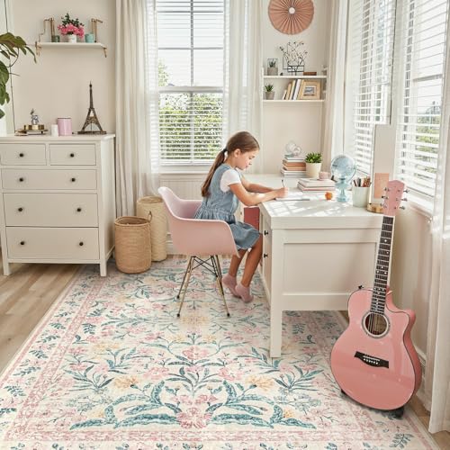 Lahome Area Rugs 8x10 for Living Room, Boho Pink Washable Dorm Bedroom Rug