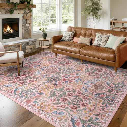 8x10 Washable Area Rug Pink Boho Floral for Living Room Bedroom Nursery