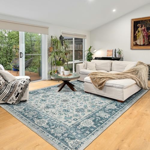 Area Rug 5×7, Large Vintage Boho Rug,Ultra-Soft Low Pile, Washable, Non Slip,Stain Resistant, Printed Carpet for Living Room Bedrooms Playroom Office Kitchen,Turquise/Cream