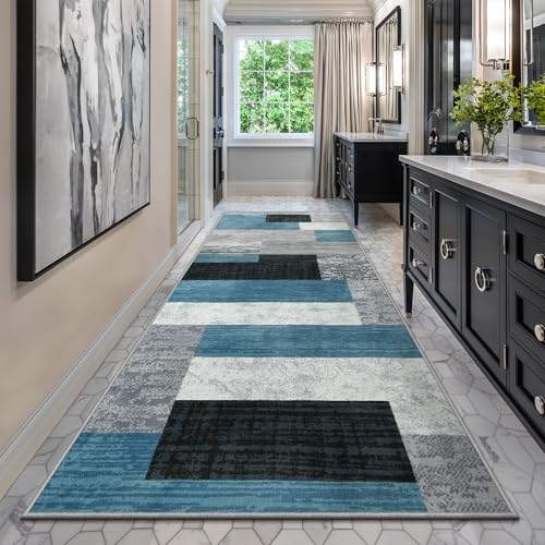 Indoor Washable Runner Rug with Rubber Backing, Modern Geometric Patchwork