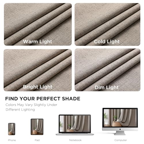 CUCRAF 100% Blackout Window Curtains 84 inches Long 2 Panels Set, Faux Linen Look Thermal Insulated Grommet Drapes, Room Darkening Curtain for Bedroom Living Room(W52 x L84 Inch, Light Khaki)