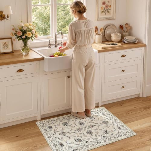 jinchan 2x3 Traditional Floral Entryway Rug, Washable Rug, Beige Slate