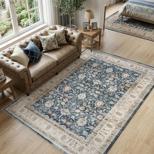 jinchan 5x7 Vintage Floral Area Rug, Washable Non Slip, Blue Beige