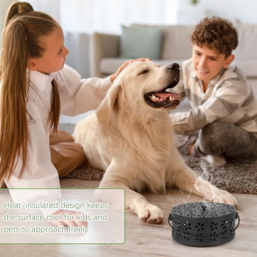 Portable Iron Mosquito Coil Holder with Handle Round Heat-Resistant Incense Holder (2 Pack Black)