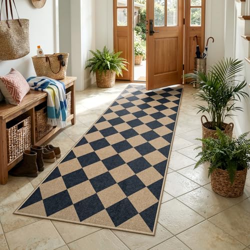 Lahome Checkered Easy Jute Non Slip Kitchen Runner, 2'6"x8' Washable Hallway Runner Rug Outdoor Black Carpet for Entryway Indoor, Checkerboard Indoor Outdoor Carpet for Hallway 8ft Entry