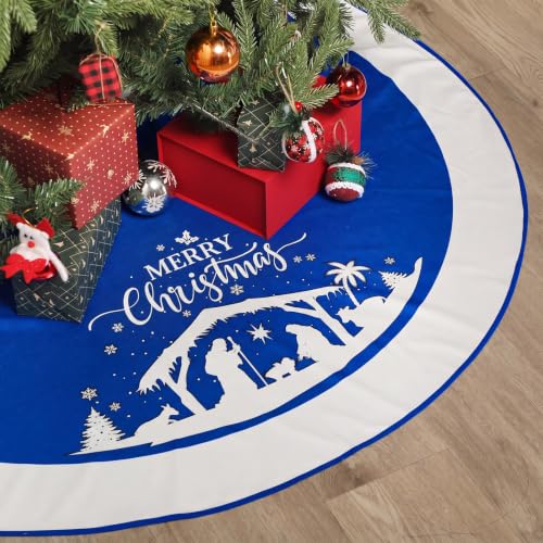 48 Inch Christmas Tree Skirt Nativity Scene Holy Family Xmas Tree Mat Jesus is the Reason for the Season Tree Skirt Pad Double Layer Round Tree Skirt for Christmas Jesus Party (Blue)