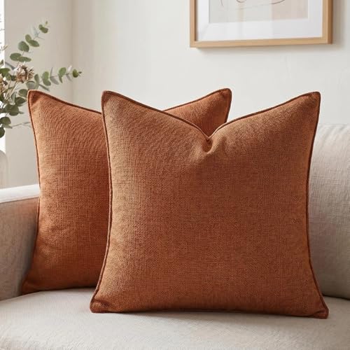 Fancy Homi Set of 2 Small Rust 14x14 Inch Soft Chenille Decorative Throw Pillow Covers with Flange Edge, Square Neutral Modern Boho Textured Cushion Case Home Decor for Couch Sofa Bed Living Room