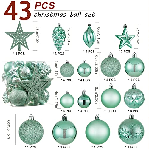 Christmas Ball Ornaments - 43pcs Shatterproof Christmas Tree Decorative Hanging Ornaments with Loop for Xmas Holiday Party Wreath Home Decoration, Mint Green(Combo of 10 Ball and Shaped Styles)