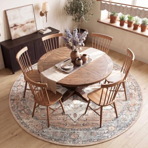 jinchan 8ft Round Rug Vintage Medallion Washable Area Rug, Blue/Orange