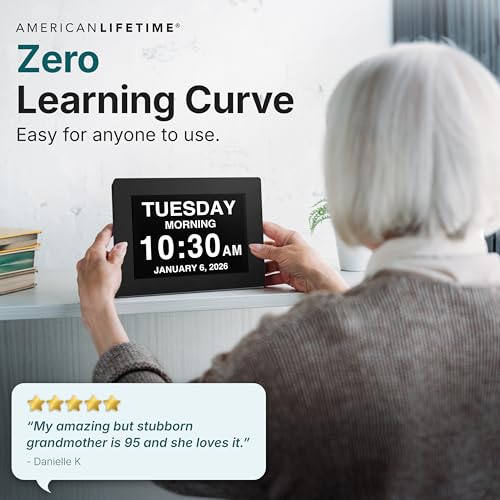 American Lifetime Large Digital Clock for Seniors, Black, 8 inch, with Day & Date, Customizable Alarms, Auto-Dimming, Multi-Language Support, Battery Backup, Easy Setup, and Gift Option