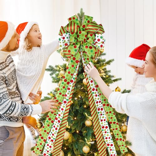 Wninbu Christmas Tree Topper Bow Wreath, 44 x 13 Inches Large Bow Tree Topper, Glitter Red and Green Christmas Wreath for Tree Indoor Outdoor Christmas Decoration