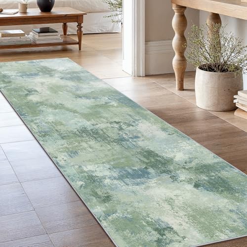 Amada 2'6"x10' Modern Abstract Washable Area Rug for Entryway Green