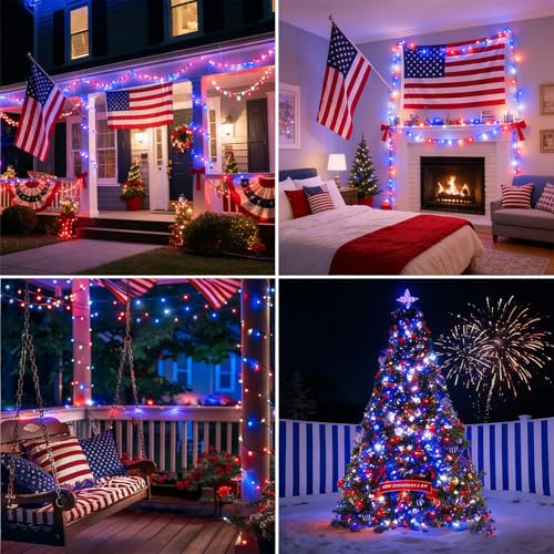 LAMPHOME Red White and Blue Patriotic String Lights, 66ft 200LED 4th of July Lights Plug in, 16 Modes with Timer Outdoor String Lights for Independence Day Memorial Day Patriotic Tree Holiday Decor