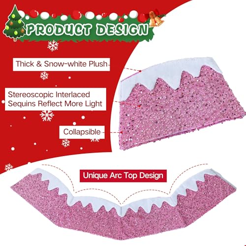 Christmas Tree Collar 24 inch Sequin Tree Skirt, Xmas Tree Square Stand Base Cover for Christmas Artificial Tree Holiday Home Decor, Snow Mountain, Pink