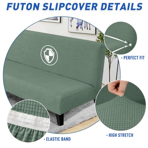 MAXIJIN Stretch Armless Futon Cover Full Size Sofa Bed Covers (67"-82") | Stretch Futon Couch Slipcovers Furniture Protector with Elastic Band,Washable Jacquard Fabric Small Checks, Pea Green