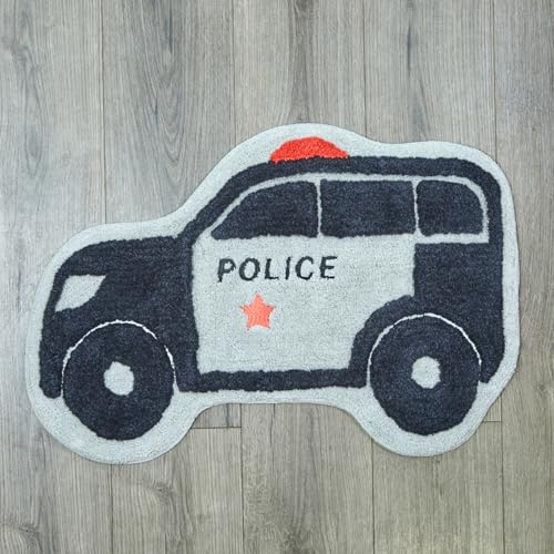 Hand Tufted Police Car Bedroom or Bathroom Rug - 30x20 in; 100% Cotton Kids Bathroom Mat; Decorative Kids Area Rug