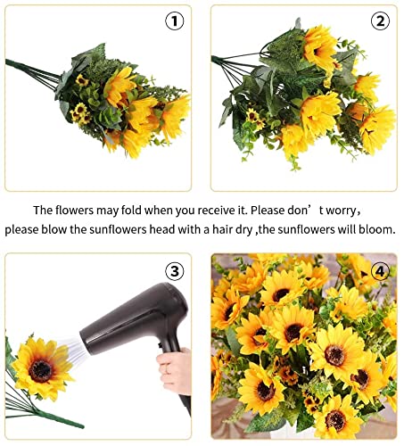 AmyHomie Artificial Sunflowers for Outdoors - 2 Bunches Fake Sunflower Bouquets with 14 Large Blooms, UV Resistant Silk Flowers for Home Wedding Fall Decor, Garden Party Centerpieces, 17.7 Inches