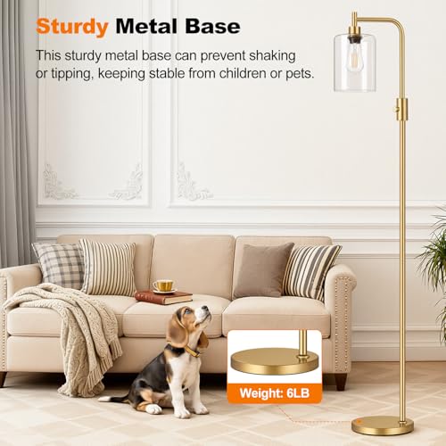 【Upgraded】Dimmable Gold Floor Lamp for Living Room with Clear Glass Lampshade, Glass Modern Floor Lamp with 900LM Edison Bulb Included, Standing Tall Lamp for Bedroom, Office, Reading Room, Corner