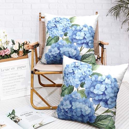 Blue Hydrangea Pillow Covers 18x18 Set of 2 Spring Summer Decorative Pillow Covers Flower Throw Pillow Case Square Cotton Linen Cushion Case for Outdoor Living Room Couch Sofa