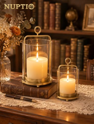 NUPTIO Gold Lanterns Set of 2 Hurricane Glass Candle Holders for Pillars