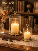 NUPTIO Gold Lanterns Set of 2 Hurricane Glass Candle Holders for Pillars