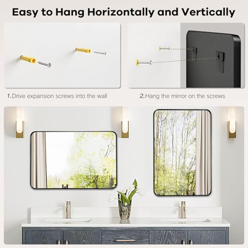 Bathroom Mirror Over Sink - 24x36 Inch Black Rectangle Framed Matte Mirror for Bathroom, Rectangular Alumium Frame Mirrors Wall Mounted for Restroom, Farmhouse, Entryway, Hallway