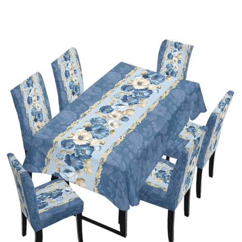 Dining Chair Slipcovers Rectangle Tablecloths Set of 7, Removable Chair Seat Covers Dust-Proof Stretch Dining Seat Slipcovers Washable Table Cover Protector, Blue Flower Print