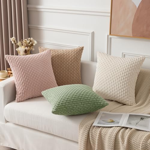 Kevin Textile 2 Packs Spring Decorative Throw Pillow Covers 18x18 Inch for Living Room Couch Bed Spring Sofa Soft Striped Corduroy Square Cushion Case 45x45 cm Farmhouse Boho Home Decor Sage Green