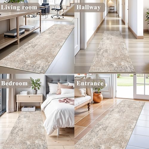 2x8 Washable Hallway Runner Rug – Non-Slip Modern Abstract Neutral Low-Pile Stain-Resistant Carpet Runner for Kitchen Entryway Bedroom Bathroom (Beige Grey,2x8)