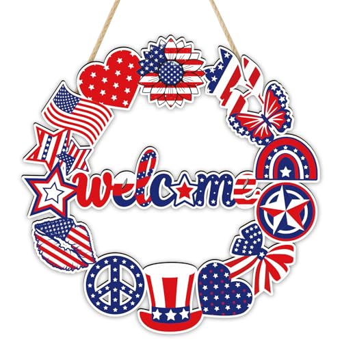 4th of July Decorations Patriotic Wreath Decor Wooden Welcome Front Door Sign Red White and Blue Hanging Sign for 250 Anniversary Memorial Day Independence Day Fourth of July for Porch Wall Home Decor