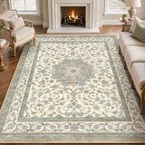 5x7 Washable Area Rug, Non Slip Living Room Rugs Distressed Boho Floral Rug, Soft Low Pile Indoor Carpet for Bedroom, Dining Room, Home Office, Cream Blue