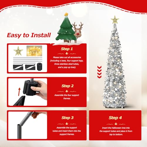 5FT Pop Up Christmas Tree with Lights and Tree Topper- Collapsible Artificial Tinsel Pencil Christmas Tree, Skinny Xmas Tree for Indoor Home Apartment Porch Holiday Party Decorations(Silver)