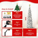 5FT Pop Up Christmas Tree with Lights and Tree Topper- Collapsible Artificial Tinsel Pencil Christmas Tree, Skinny Xmas Tree for Indoor Home Apartment Porch Holiday Party Decorations(Silver)