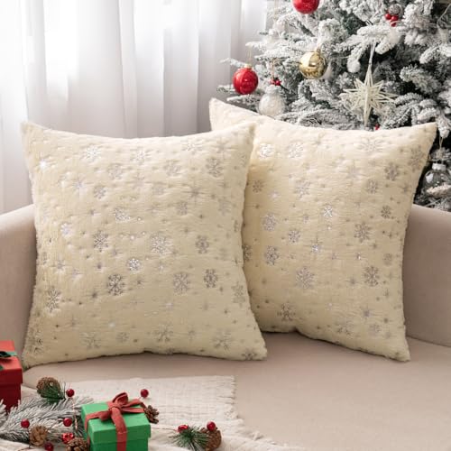 MIULEE Christmas Decorations Pillow Covers 20x20 Beige Silver Snowflake