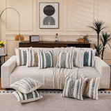 Boho Striped Throw Pillow Covers 18x18 Inch Set of 2 Farmhouse Square Decorative Pillow Covers Chenille Tufted Accent Neutral Pillowcase Blue Cushion Cover for Living Room Couch Sofa Bed