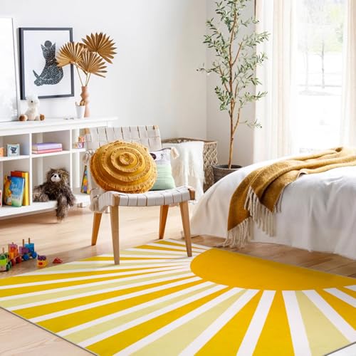 Lahome Yellow Rainbow Sun Area Rug 5x7, Classroom Rug
