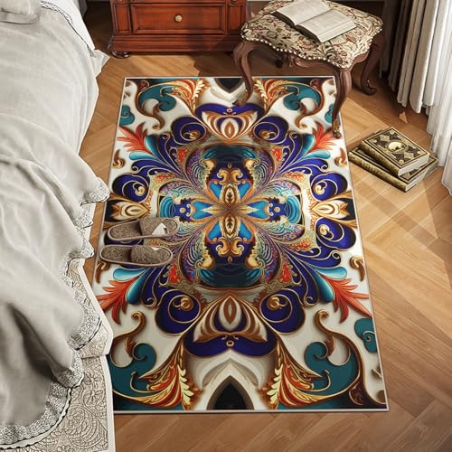 Washable Area Rug, Non-Slip Vintage Hallway Rug Runner with Upgrade Rubber Backing, Stain Resistant Faux Wool Distressed Carpet Runner for Bedroom Living Room Kitchen Laundry Entrance (70" x 55")