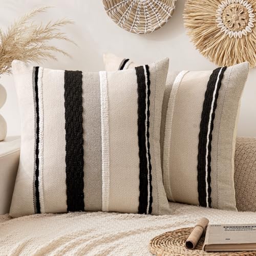 Boho Decorative Pillow Covers 20x20 Pack of 2 Black-White Stripe 2