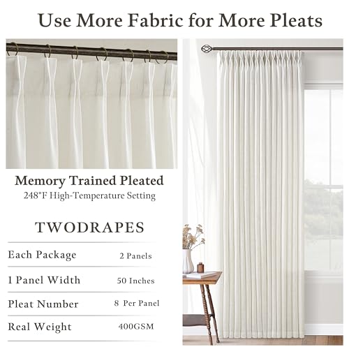 Linen Curtains 108 Inches long Pinch Pleated for Living Room 2 Panels Set Cream Ivory Natural Pleat Drapes Back Tab Semi Sheer Neutral Boho Ceiling to Floor 108 Inch Curtains for Bedroom Window 9 FT