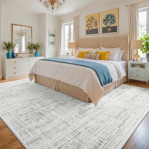 8x10 Area Rugs Washable Rug: Anti-Skid Abstract Modern Living Room Rug Soft Thin Carpets Indoor Floor Non-Shedding Carpet for Bedroom Dining Farmhouse Nursery Home Office (White Gray, 8'x10')