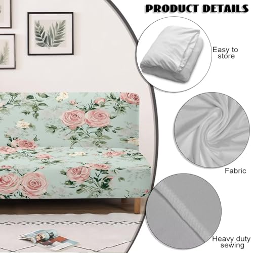 Pink Rose Futon Couch Cover Full Size Light Green Couch Slipcovers Without Armrest Easy Going Stretch Sofa Covers for Living Room