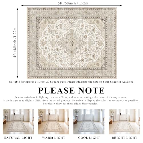 HILORUUG 4x5 Rug Entryway Washable: Non-Slip Oriental Area Rug for Bathroom Kitchen- Farmhouse Low Pile Stain Resistant Carpet Long Thin Front Door Mat (4x5 Ivory/Grey/Multi)